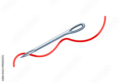 Close-up of a sewing needle with red thread passing through its eye