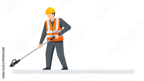 Construction worker sweeping a road: An construction worker sweeps with focus and determination on the task.