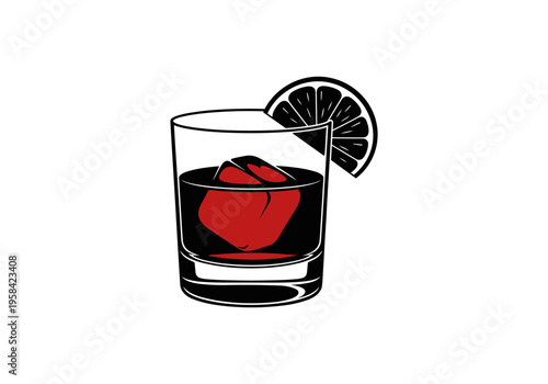 Stylized illustration of a dark red cocktail with ice and a citrus garnish