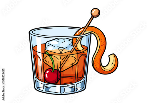 Classic old fashioned cocktail with ice, cherry, and orange peel garnish