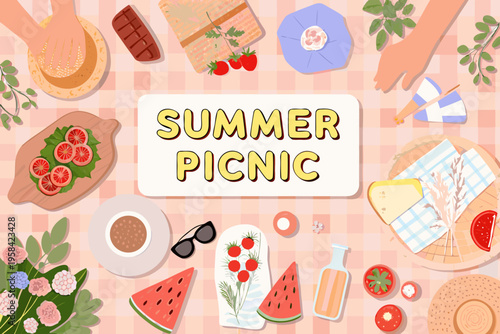 A colorful summer picnic spread with food drinks and accessories