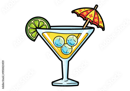 Refreshing cocktail with lime slice and umbrella on white background