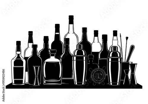 Collection of assorted liquor bottles and cocktail making tools on a shelf