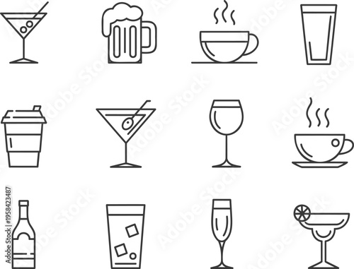 A comprehensive collection of outline beverage icons for different types of drinks and glasses