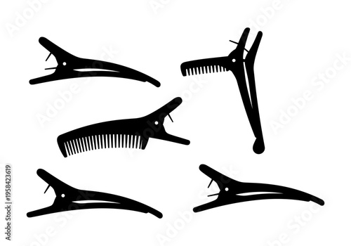Collection of black silhouette hair clips and combs on a white background