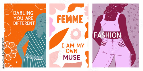 Three illustrated panels featuring women and empowering typographic messages