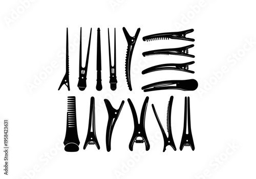 Collection of black silhouette hair styling clips and combs on a white background