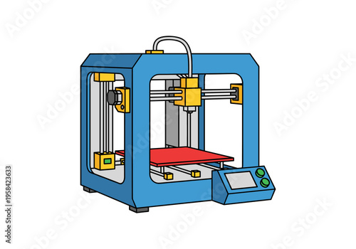 Blue 3D printer with yellow accents and red build plate on a white background