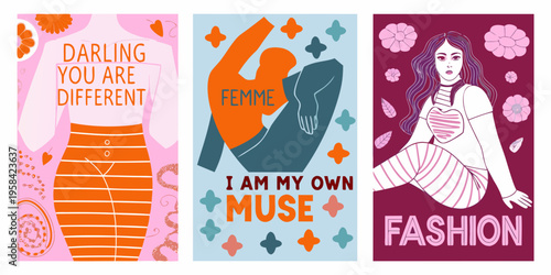 Three vertical illustrations with empowering messages and floral accents