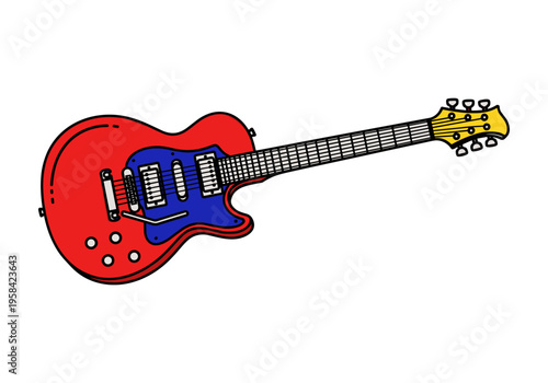 Vibrant red electric guitar with blue accents and yellow headstock on white