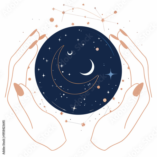 Hands cradling a celestial sphere with moons and starry night sky
