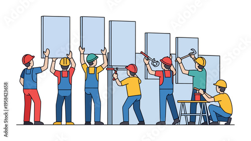 Labor Day Celebration: A group of construction workers, united in solidarity, hold up a banner proudly proclaiming Labor Day, honoring the hard work and dedication of the workforce.