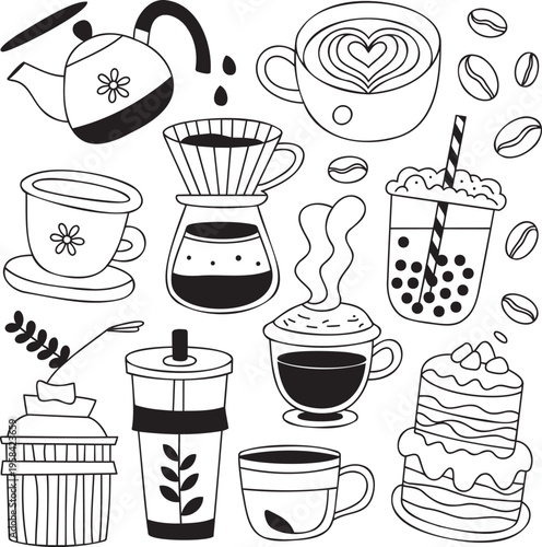 A delightful collection of doodle style coffee, tea, and pastry elements for cafe menus