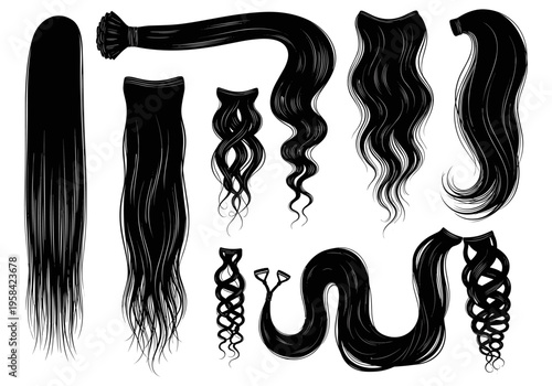 Collection of black hair extensions in various styles and textures