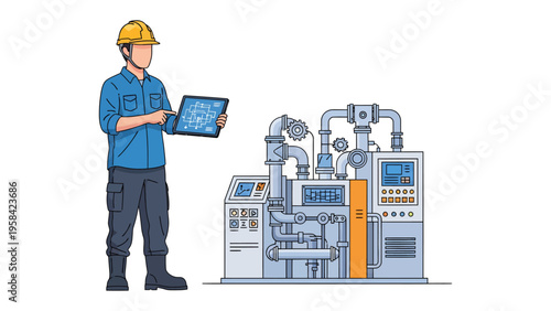 Precision and Process: An engineer stands at the forefront, meticulously monitoring industrial machinery, embodying a dedication to precision and efficiency.