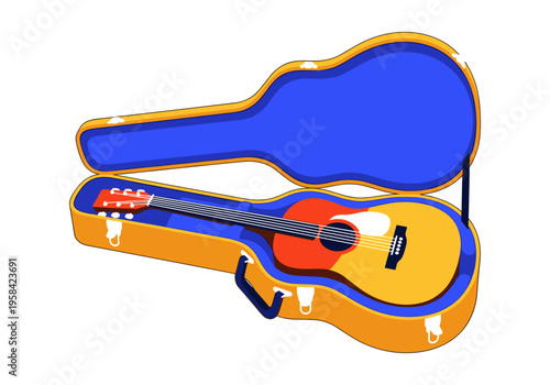 Acoustic guitar resting inside its open protective case with blue lining