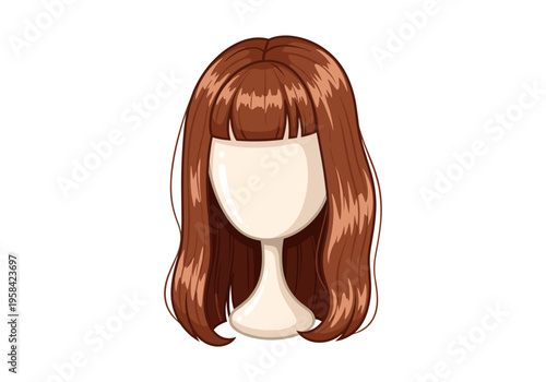 Stylized brown wig with bangs displayed on a mannequin head