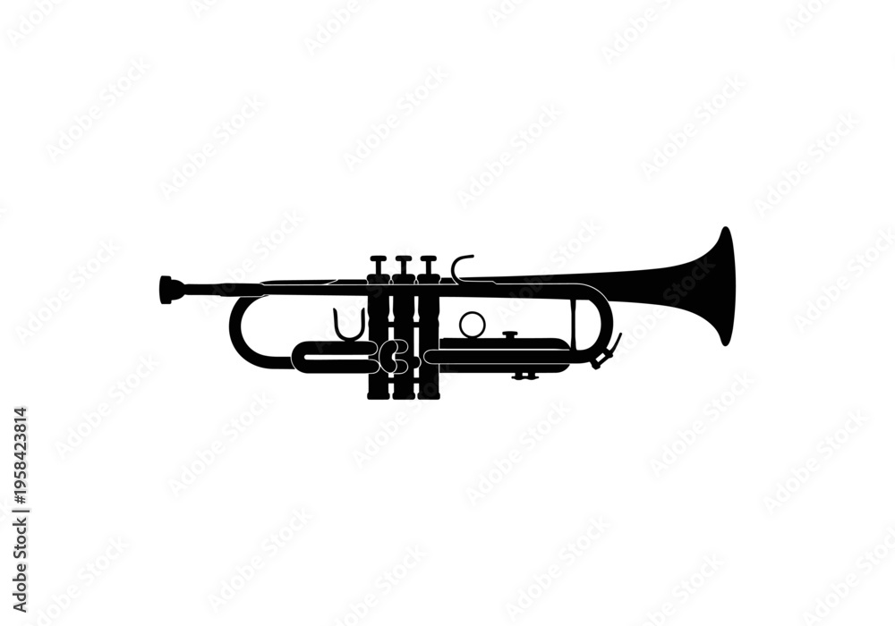 Naklejka premium Classic brass instrument silhouette with valves and bell on a white background