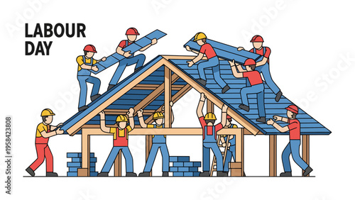 Labor Day Celebration: A group of construction workers, united in solidarity, hold up a banner proudly proclaiming Labor Day, honoring the hard work and dedication of the workforce.