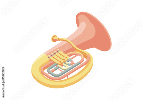 Stylized illustration of a brass tuba with valves and a flared bell