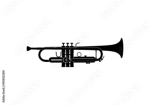 Classic brass instrument silhouette with valves and bell on a white background