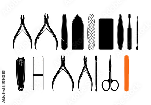 Collection of manicure and pedicure tools in silhouette, isolated on white background