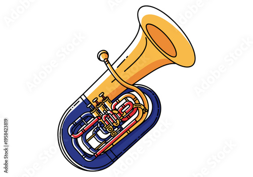 Stylized illustration of a brass tuba with blue and yellow accents