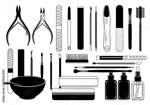 Collection of manicure and pedicure tools for nail care and beauty treatments