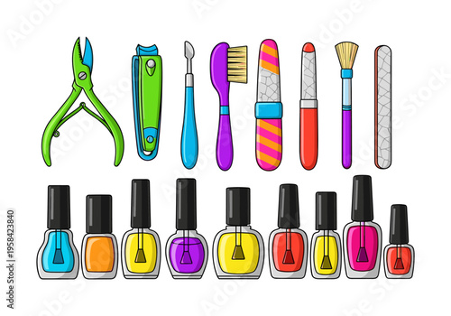 Collection of colorful nail care tools and polish bottles for manicure
