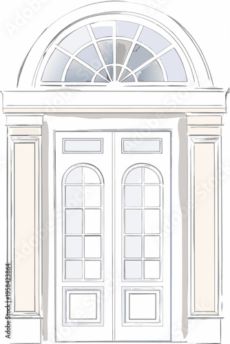 Elegant white doorway with arched transom and detailed paneling