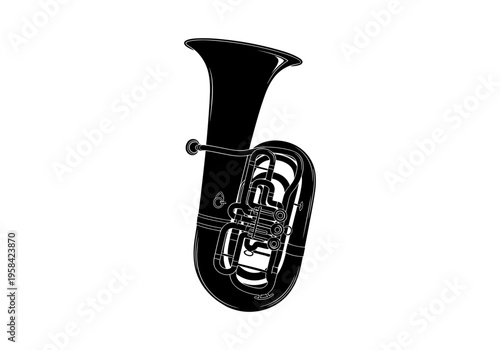 Stylized black silhouette of a tuba musical instrument on a white background