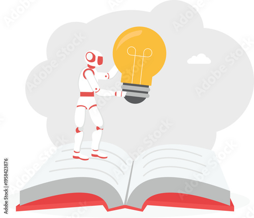 Robot placing a lightbulb onto an open book representing AI driven education and learning