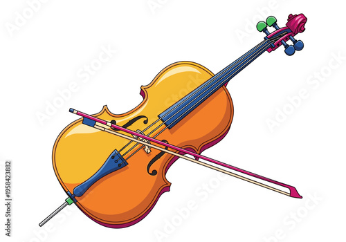 Colorful cartoon cello with a bow on a white background