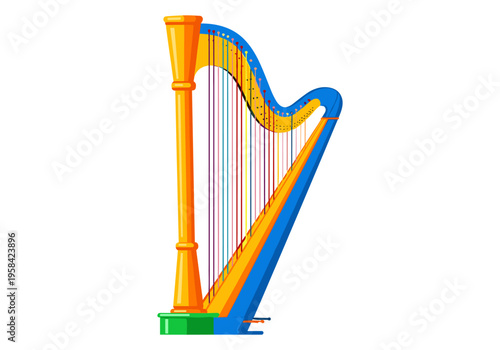 Colorful harp with many strings on a white background, musical instrument illustration