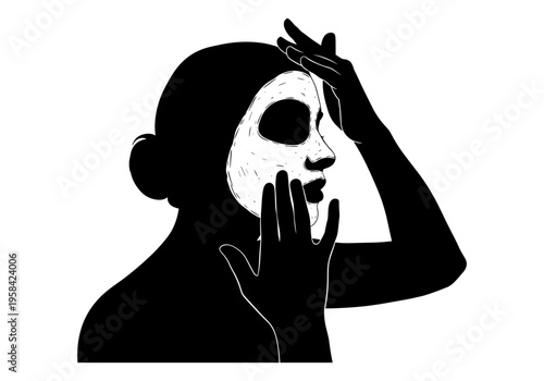 Woman applying a white facial sheet mask to her face in a minimalist black and white illustration
