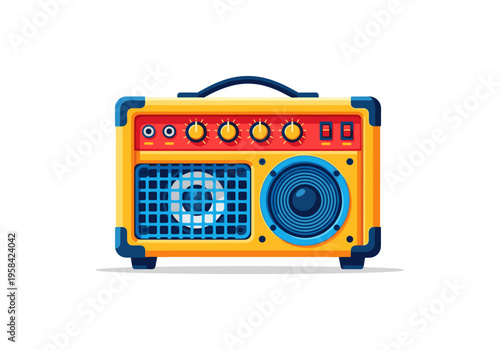 Vibrant guitar amplifier with knobs and speaker, isolated on white background