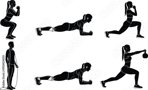 Fitness workout silhouettes, woman and man performing exercises squat plank lunge jump rope kettlebell training, healthy lifestyle active routine illustration set