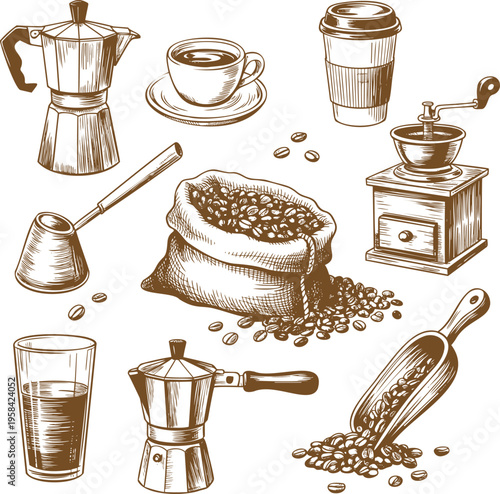 A diverse collection of hand drawn coffee making equipment and fresh roasted beans