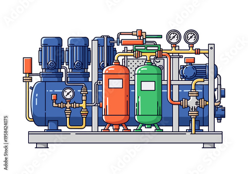 Industrial compressor unit with pressure gauges and tanks for manufacturing