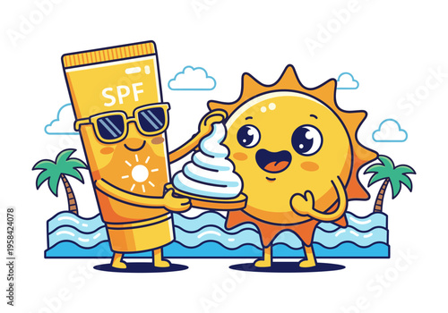 Cute sun character enjoys sunscreen from SPF tube on tropical beach