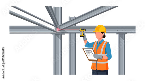 Precision in Steel: An engineer in safety attire inspects the intricate framework of a steel structure, meticulously checking blueprints to ensure flawless construction.