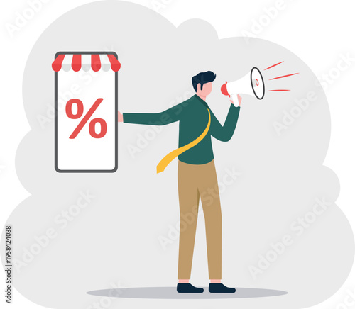 Businessman using a megaphone to announce a percentage discount on a mobile shop app