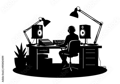 Silhouette of a person working in a sound recording studio with equipment