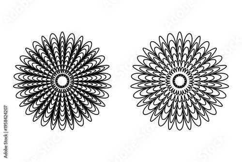 Set of 2 black and white abstract geometric flower mandalas vector illustrations for design elements