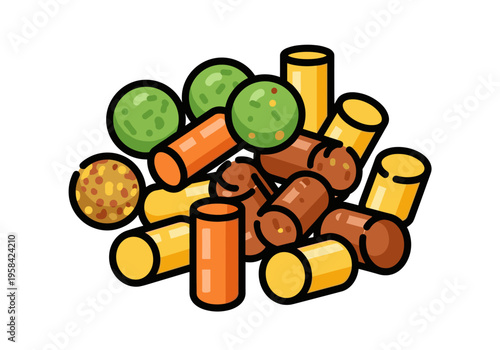 Pile of colorful pasta shapes and green peas with seasoning