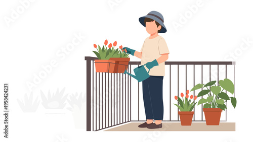 Balcony Gardener's Routine: A man, protected by a hat and gloves, carefully waters potted plants on his balcony, nurturing vibrant blooms amidst a tranquil, sunlit setting.
