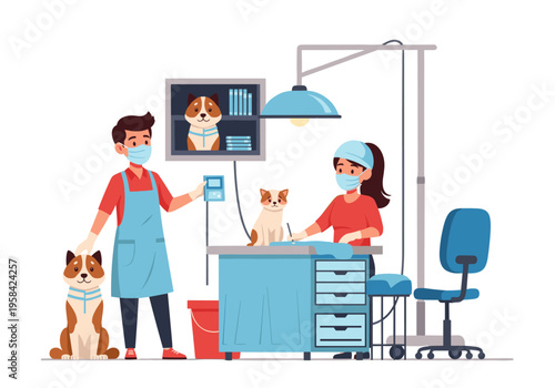 Veterinarians performing medical examination on a cat with a dog nearby