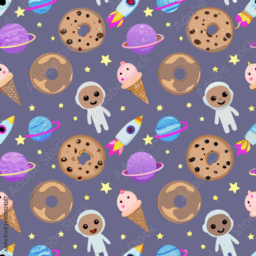 Cute cartoon space pattern featuring desserts astronauts and planets