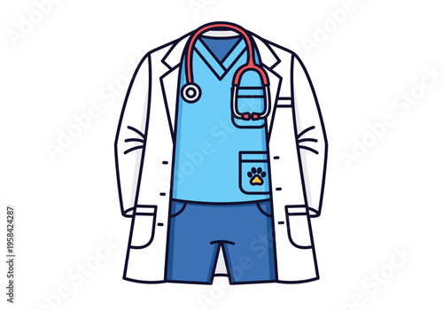 Veterinary doctor's uniform with stethoscope and paw print emblem on pocket