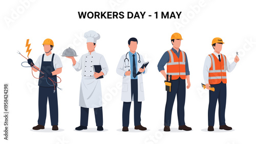 Workers Day: A vibrant illustration showcasing five different professions: electrician, chef, doctor, construction worker, and engineer, each representing essential sectors of the workforce.